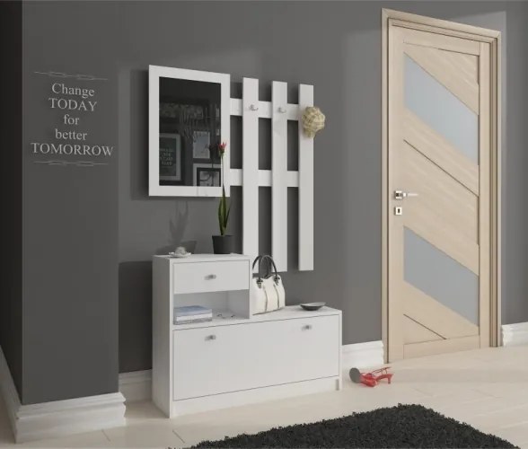 Mobile Ingresso 90 Cm Con Scarpiera Appendiabiti E Specchio Bianco Opaco Ralph