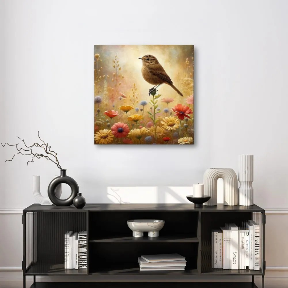 Quadro su tela – Uccellino tra i fiori del prato