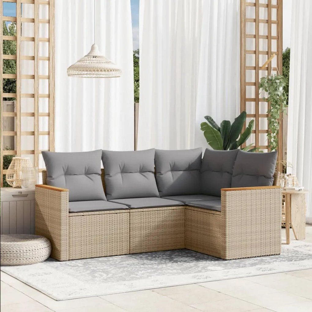 Set divano da giardino 4 pz con cuscini beige misto polyrattan