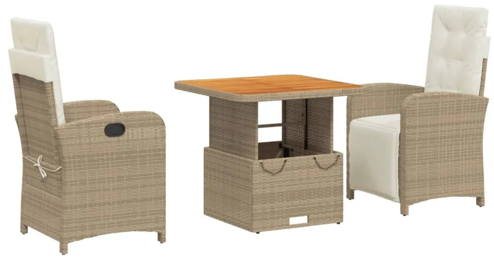 Set da pranzo da giardino 3 pz con cuscini beige in polyrattan