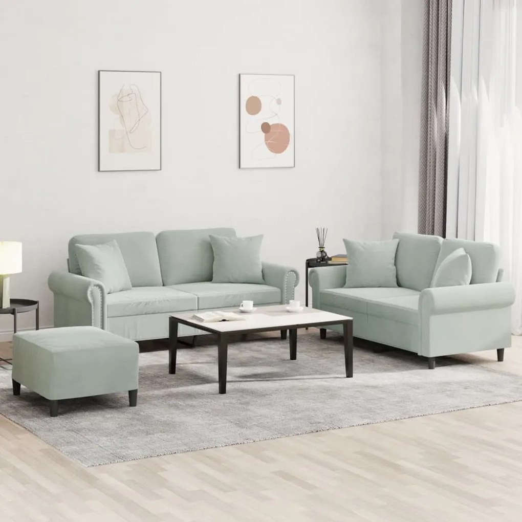 Set Di Divani 3 Pz Con Cuscini Grigio Chiaro İn Velluto /