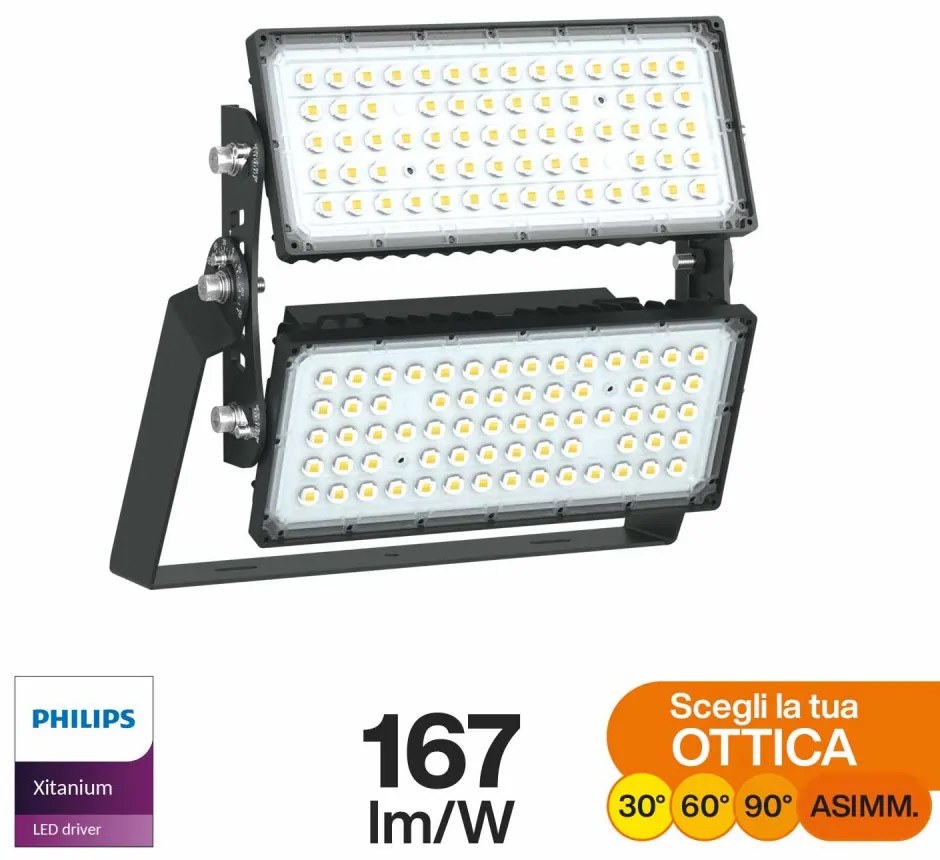 Faro Modulare LED 400W IP66, 167lm/W, No Flickering con driver Philips Colore Bianco Naturale 4.000K, Scegli l'angolo di illuminazione 30°, Scegli le staffe dei moduli Orientabili
