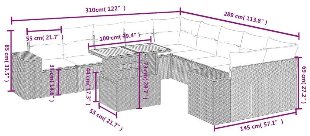 Set divani da giardino 11 pz con cuscini in polyrattan grigio