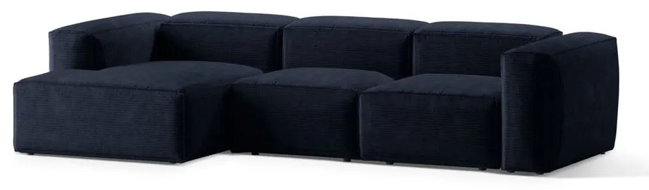 Divano angolare blu scuro (con penisola a sinistra/con chaise lounge) con rivestimento in velluto a coste Bergamo – Cosmopolitan Design