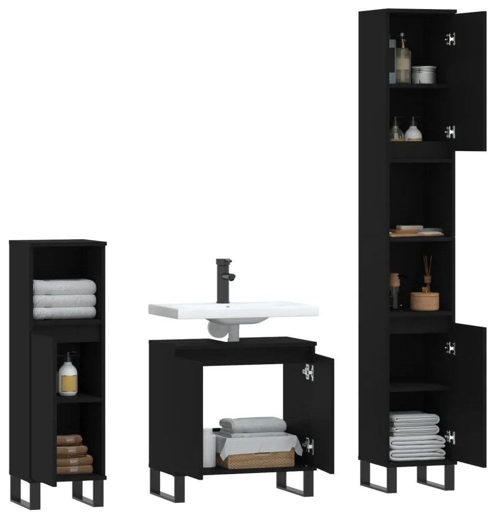 Set di mobili da bagno 3 pz nero in legno multistrato