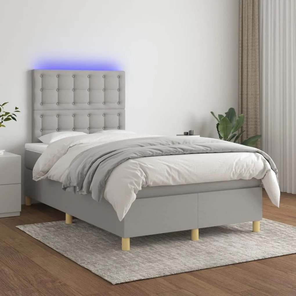 Letto a molle materasso e led grigio chiaro 120x200 cm tessuto