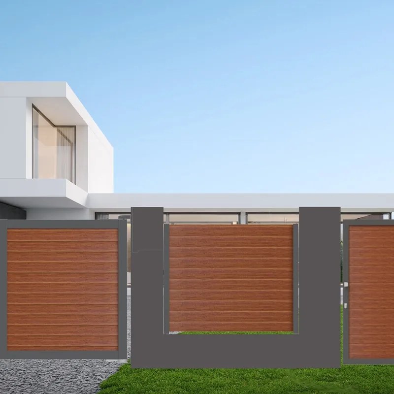 Cancello automatico battente Maia120 ALBA Close in alluminio rovere dorato telaio grigio, apertura centrale, L 350 x H 160 cm