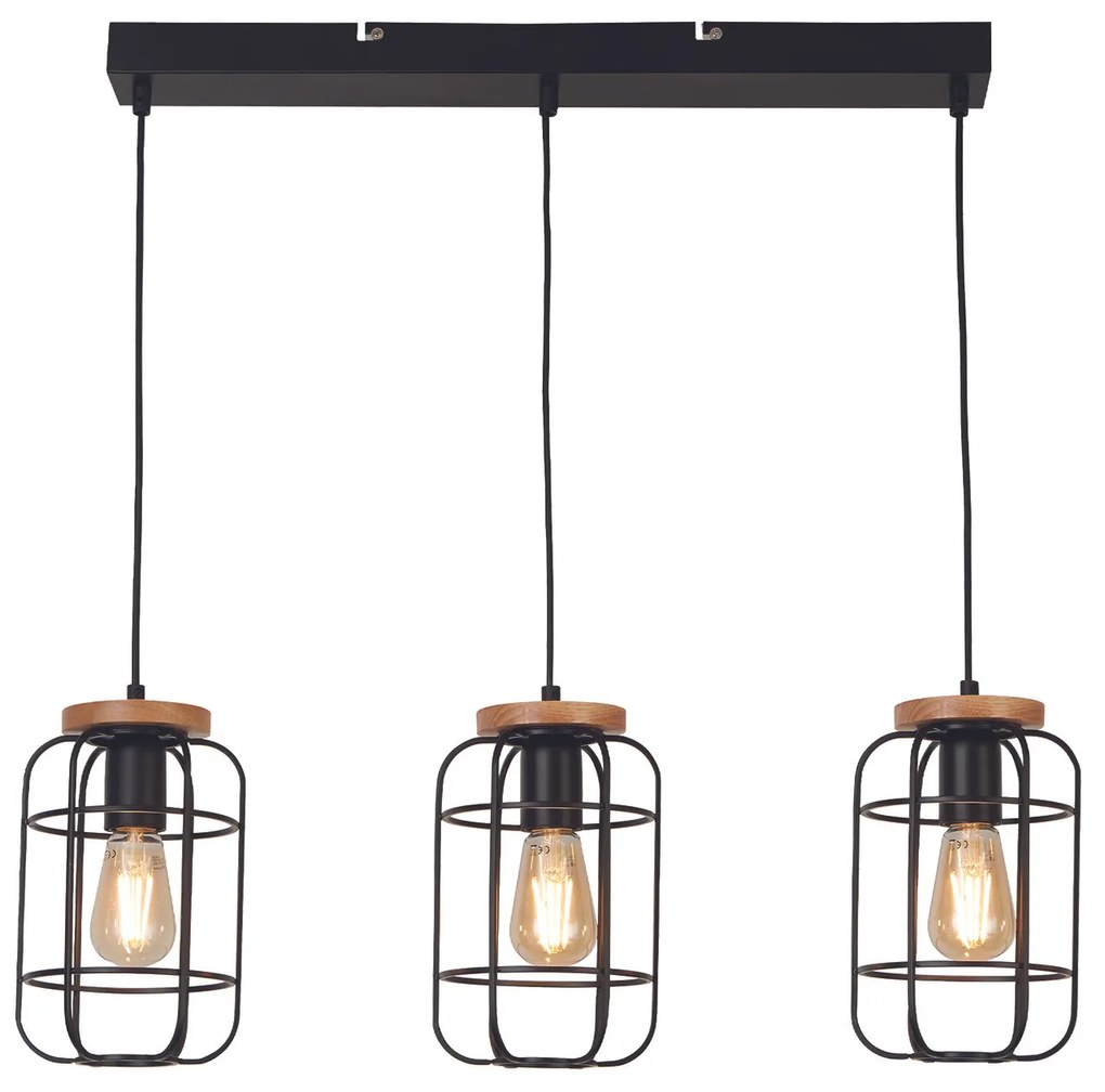 Lampadario Industrial-Nordico Visione Acciaio Nero Marrone 3 Luci E27