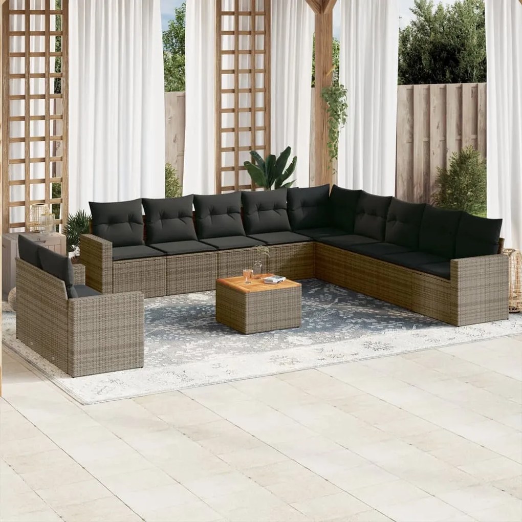 Set divani da giardino 12 pz con cuscini grigio in polyrattan