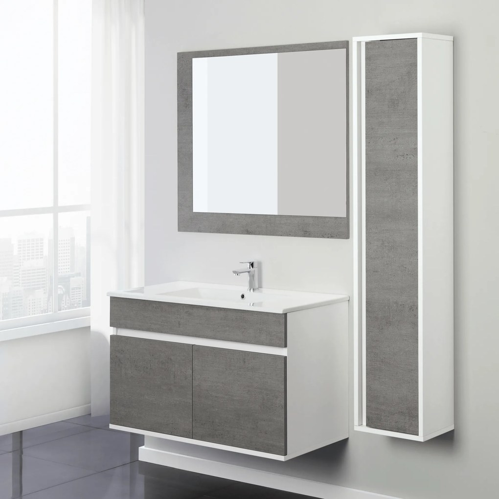 Mobile Bagno Sospeso 90 Cm Due Ante Specchio Su Pannello 90x80 Cm Feridras "Fabula" Cemento/Bianco