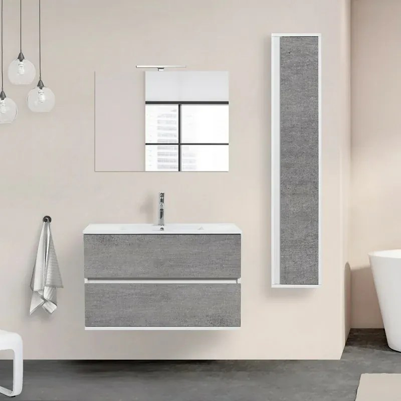 Mobile bagno sospeso 90 cm Duble grigio industrial completo di lavabo e specchio