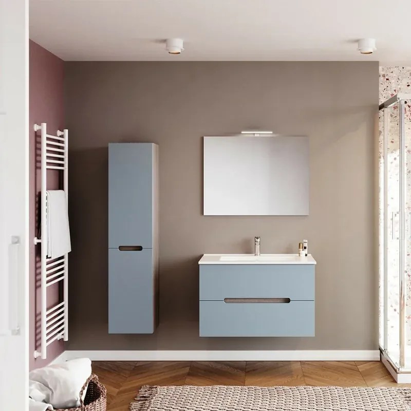 Mobile bagno sospeso 80 rovere fumo e blu pastello con lavabo e specchio Iris