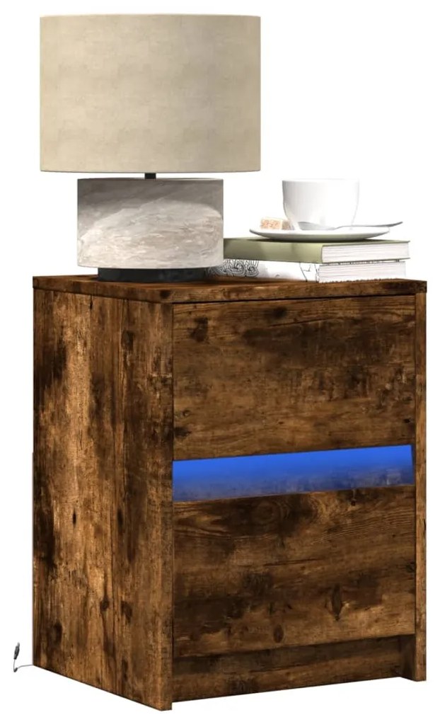 Comodini Con Luci Led 2pz Rovere Fumo İn Legno Multistrato /