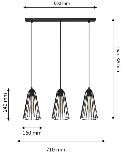 Lampadario a sospensione con filo TORRI 3xE27/15W/230V nero