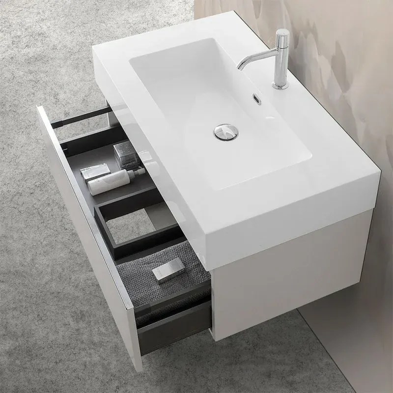 Mobile sospeso 80 cm grigio perla lavabo in resina e specchio LED Iside
