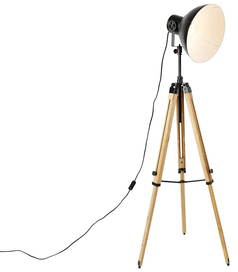 Lampada da terra a treppiede industriale nera con legno - Mangoes