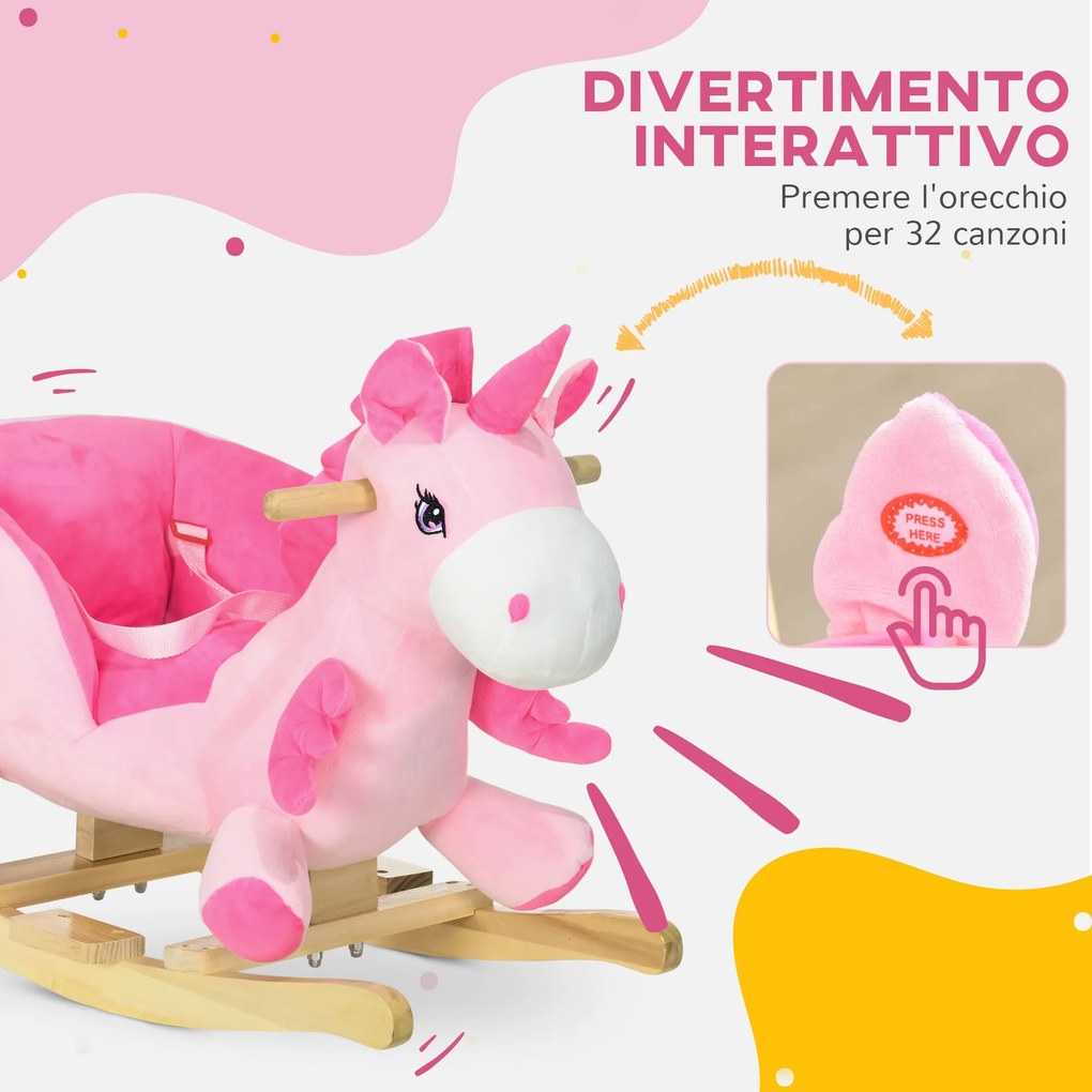 Unicorno a Dondolo Cavalcabile Peluche con 32 Canzoni 65x35x45 cm con Cintura di Sicurezza Rosa...