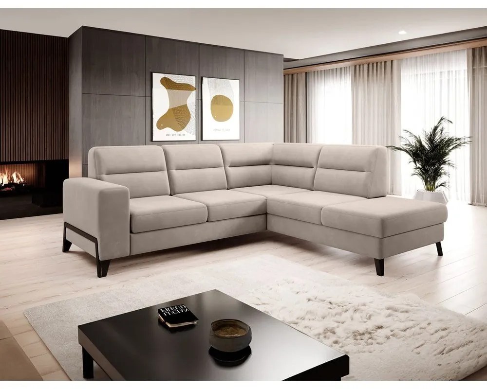 Divano angolare beige allungabile/con contenitore (con penisola a destra/a L) e rivestimento in velluto Cassara – ELTAP