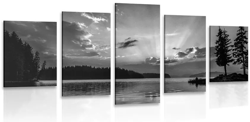 Quadri 5 pezzi – Riflesso del lago di montagna in bianco e nero
