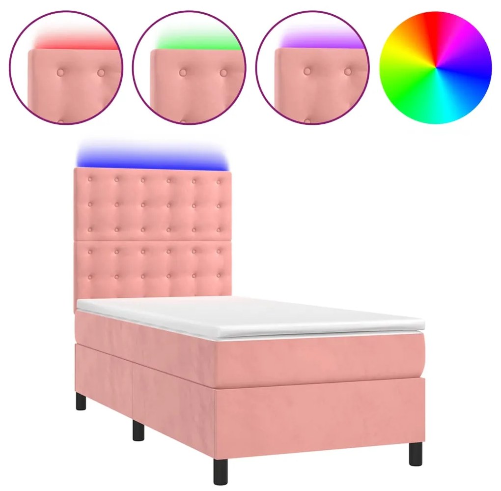 Letto a molle con materasso e led rosa 80x200 cm in velluto