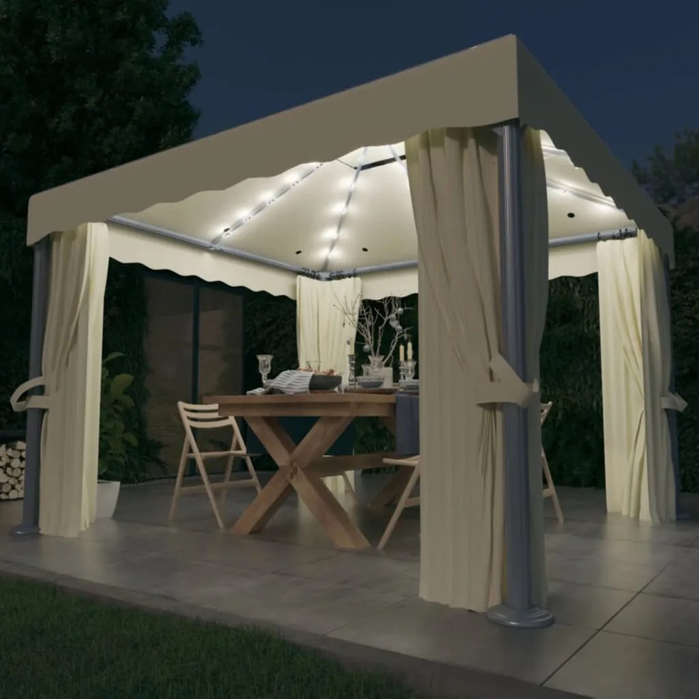 Gazebo Con Tende E Stringa Di Luci Led 3x3 M Bianco Crema /