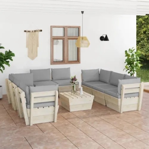 Set Divani da Giardino su Pallet 9 pz con Cuscini Legno Abete