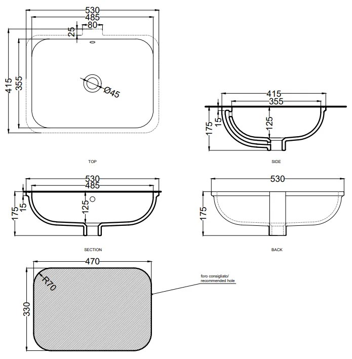 Cielo Enjoy Lavabo 41x53 Sottopiano Rettangolare Senza Foro Con Troppopieno Basalto