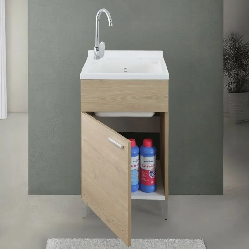 Mobile lavatoio 50x50 cm rovere con vasca in resina e asse lavapanni