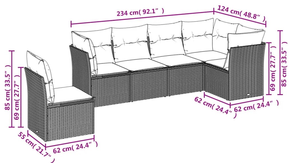 Set divano da giardino 6pz con cuscini grigio chiaro polyrattan