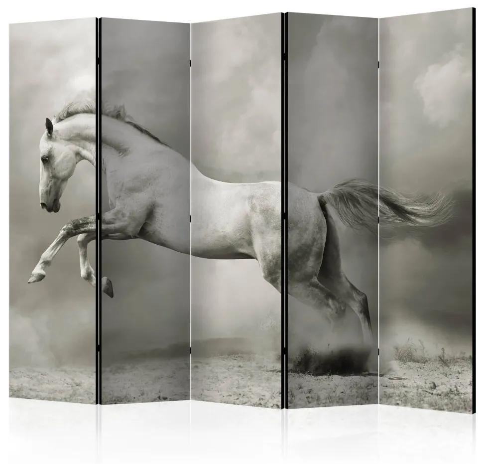 Paravento separè Cavallo Selvaggio II (5 parti) - cavallo bianco, fumo sfondo
