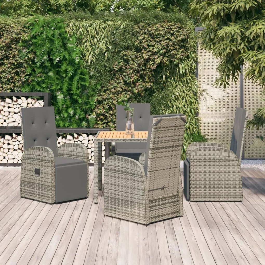 Set da pranzo da giardino 5 pz con cuscini in polyrattan grigio