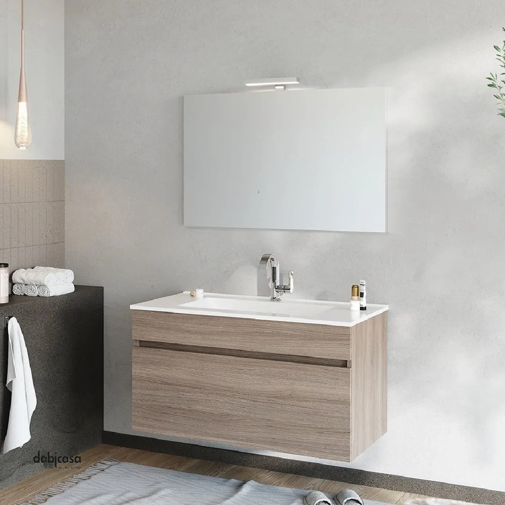 Mobile Bagno Sospeso "Bogota" Da 90 Cm Composto Da Due Cassetti Finitura Rovere Fumo/Grigio Bianco