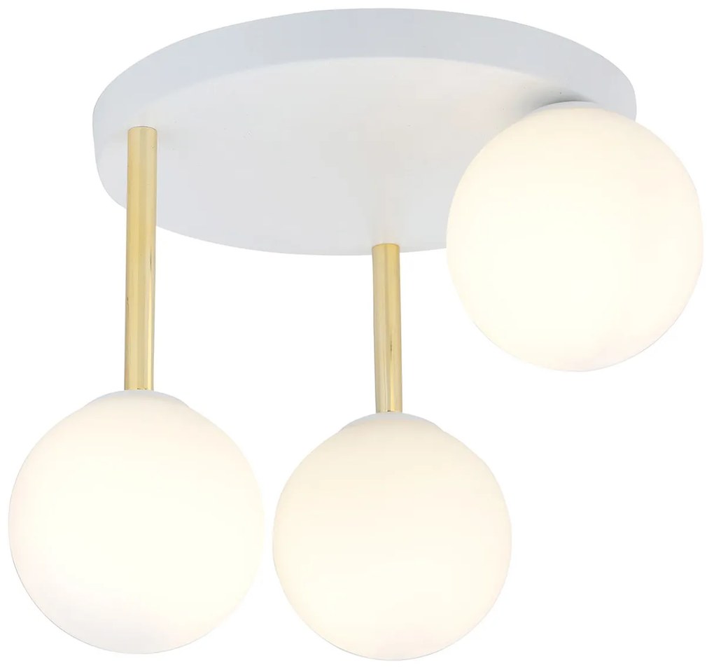 Plafoniera Contemporanea 3 Luci Teseo In Acciaio Bianco Oro E Sfere Vetro Bianco