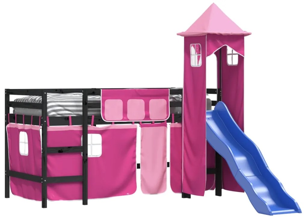 Letto a soppalco con torre bambini rosa 80x200cm massello pino