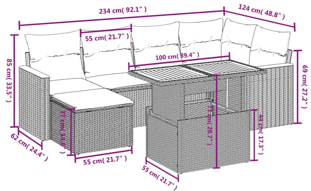 Set divani da giardino con cuscini 7pz nero polyrattan