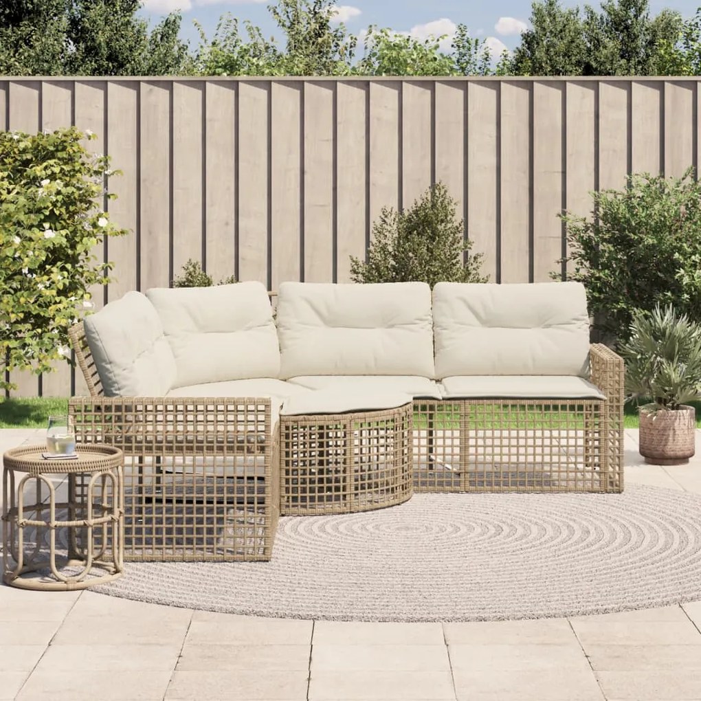Divano da giardino a l con cuscini e pouf beige in polyrattan
