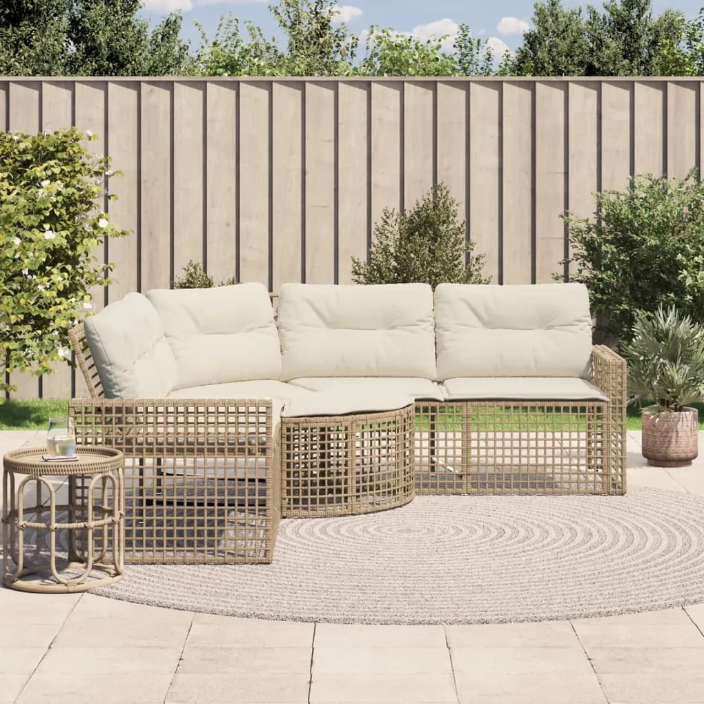 Divano da giardino a l con cuscini e pouf beige in polyrattan