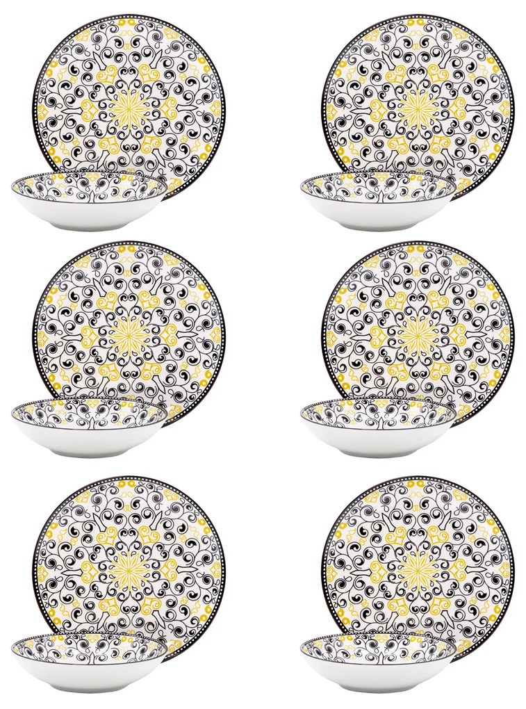 Servizio 12 piatti porcellana decoro giallo e nero Harmony