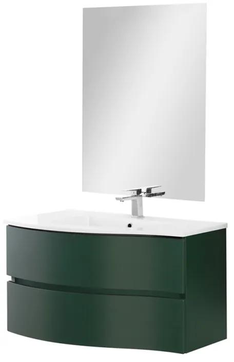 Mobile bagno sospeso curvo 90 verde con lavabo e specchio a filo Minori
