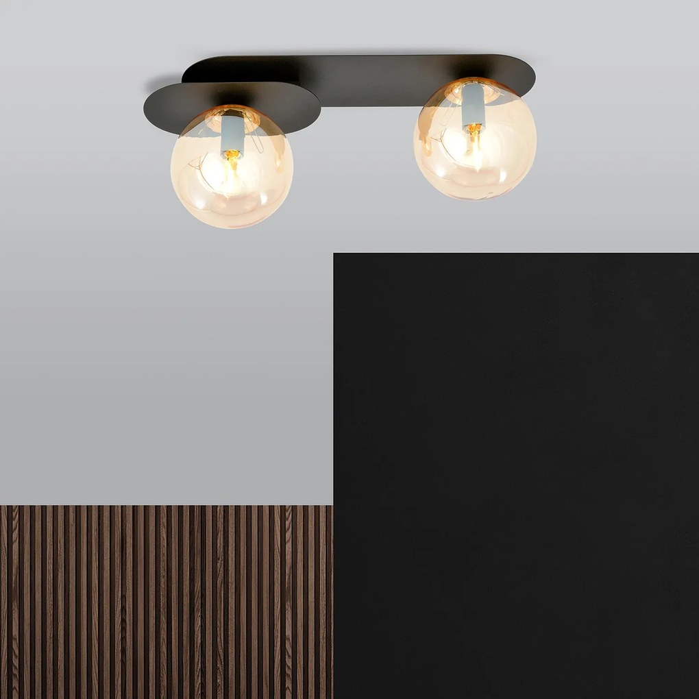 Plafoniera Minimal 2 Luci Teia In Acciaio Nero E Sfere Vetro Ambra