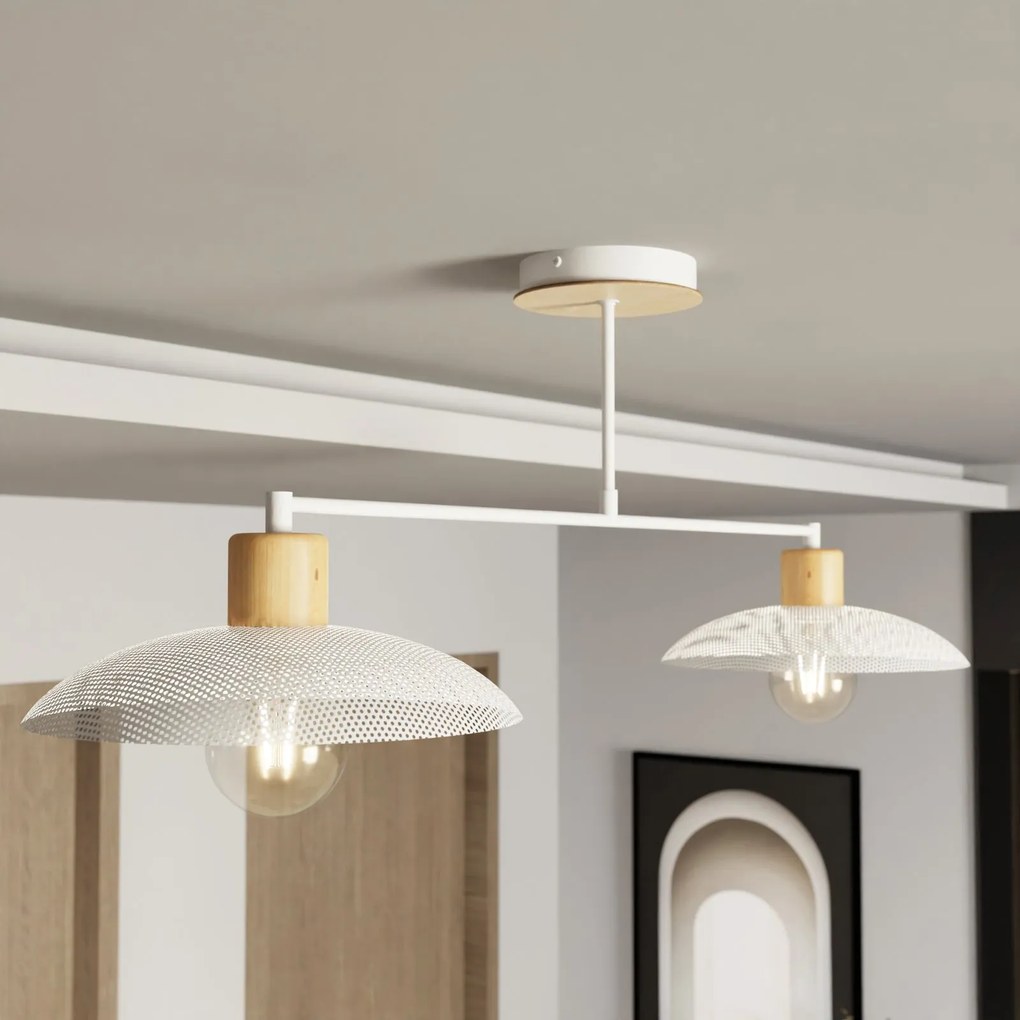 Plafoniera Nordica Kobe 2 Luci In Legno E Acciaio Bianco