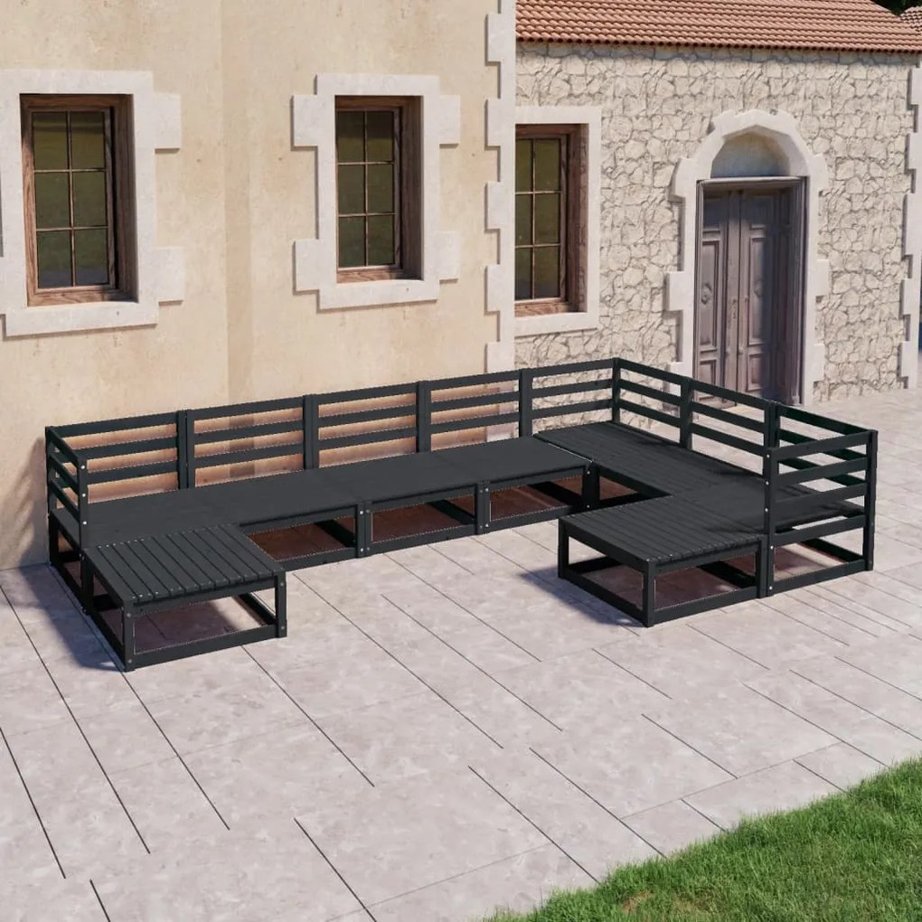 Set divani da giardino 9 pz nero in legno massello di pino