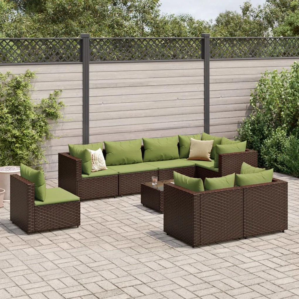 Set divani da giardino 9 pz con cuscini in polyrattan marrone