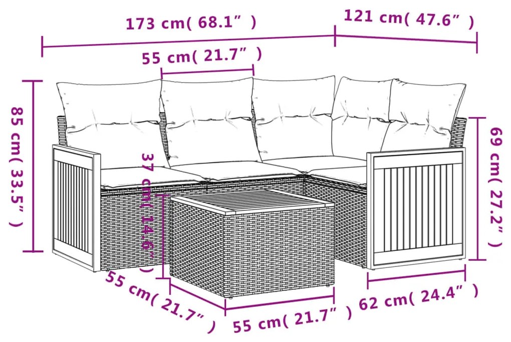 Set Divano da Giardino 5 pz con Cuscini Grigio in Polyrattan