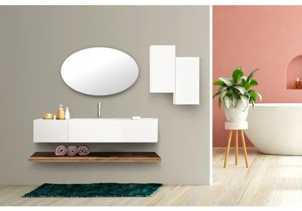 Lavabo 60 cm con due cassetti laterali 40 cm bianchi specchio e mensole inferiori Rovere - Itaca