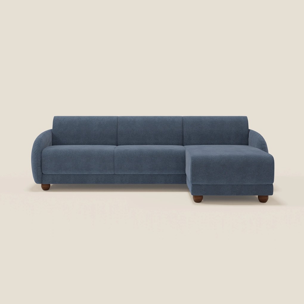 Giglio divano letto angolare con materasso alto 18 cm e penisola contenitore in morbido bouclé impermeabile T07 blu