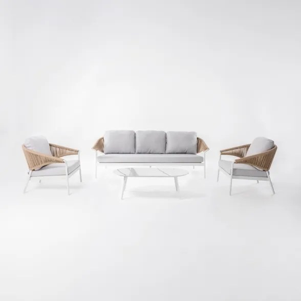 Salotto Da Esterno 5 Posti In Alluminio E Corda Con Tavolino Celia Bianco
