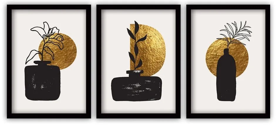 Set di 3 dipinti in cornice nera dorata, 35 x 45 cm - Vavien Artwork