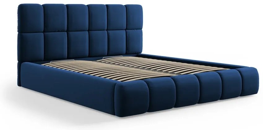 Letto matrimoniale imbottito in blu scuro in velluto con contenitore con rete inclusa 140x200 cm Bellis – Micadoni