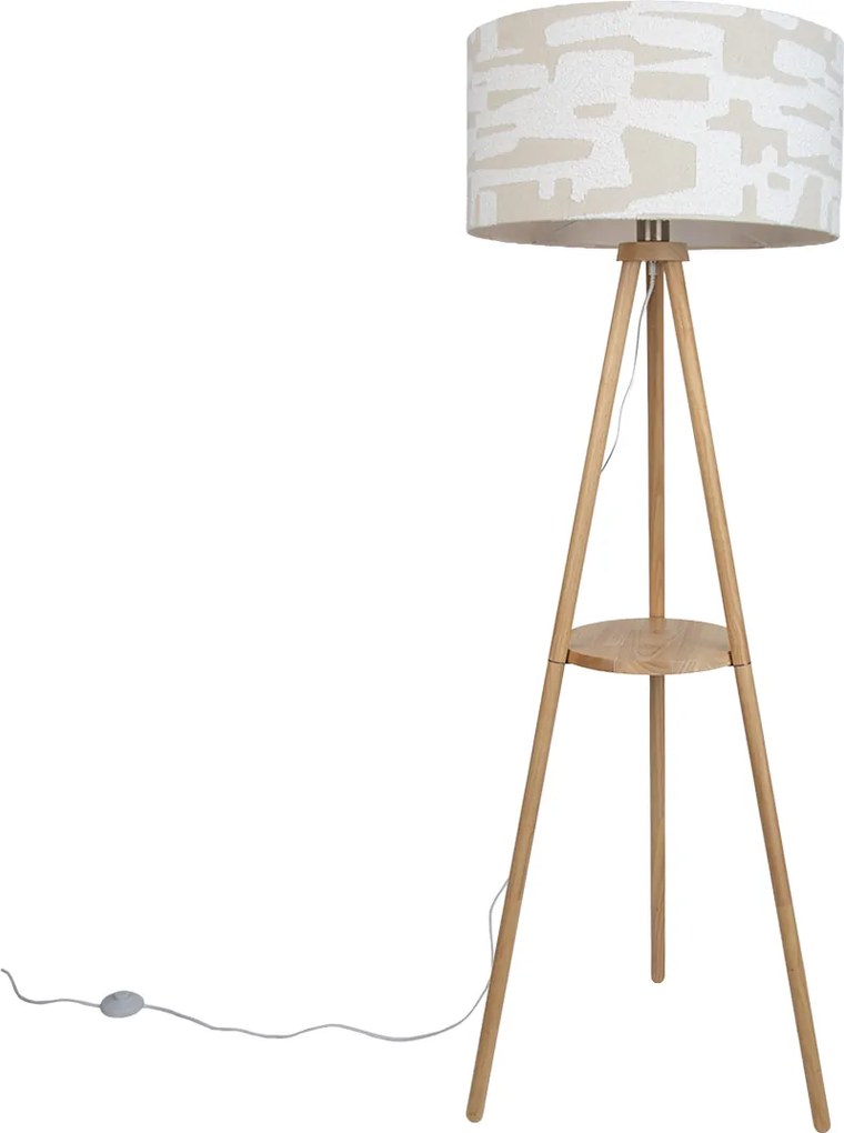 Lampada da terra a treppiede in legno con paralume a righe bianche e beige 50cm - Lou